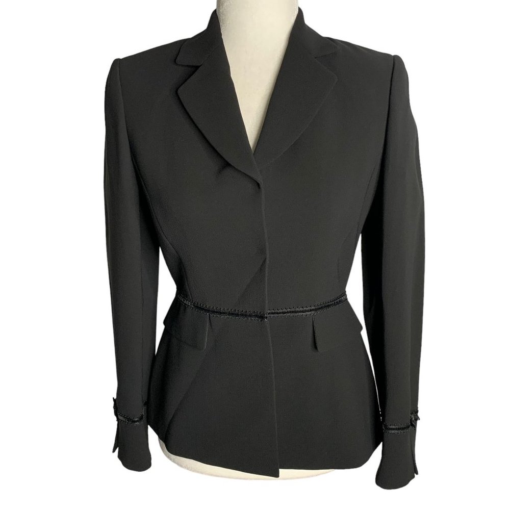 Vintage Y2K Tahari Blazer Jacket 2P Black Lined Lace Trim Snap Front Notch - Picture 1 of 6